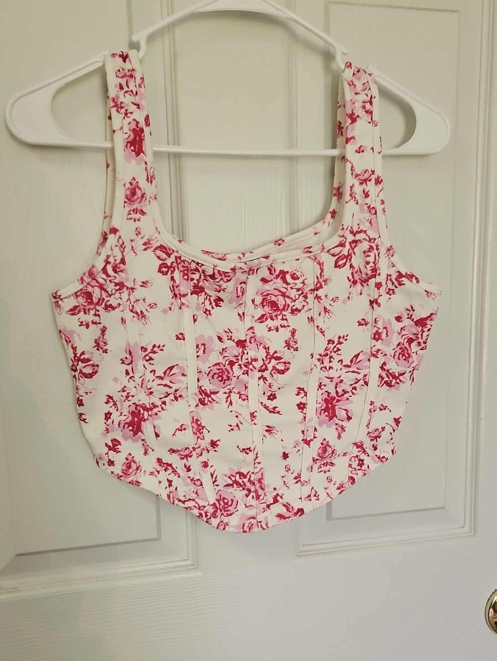 Shein Floral Print Scoop Neck Crop Tank Top - Pink on Cream